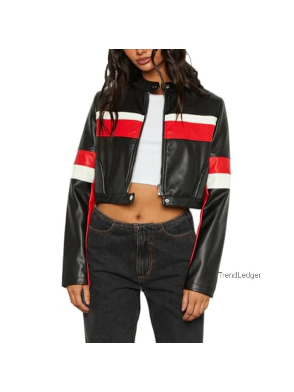 Women's Cropped Faux Leather Motorcycle Jacket Zip Up Bomber Y2K Trendy Long